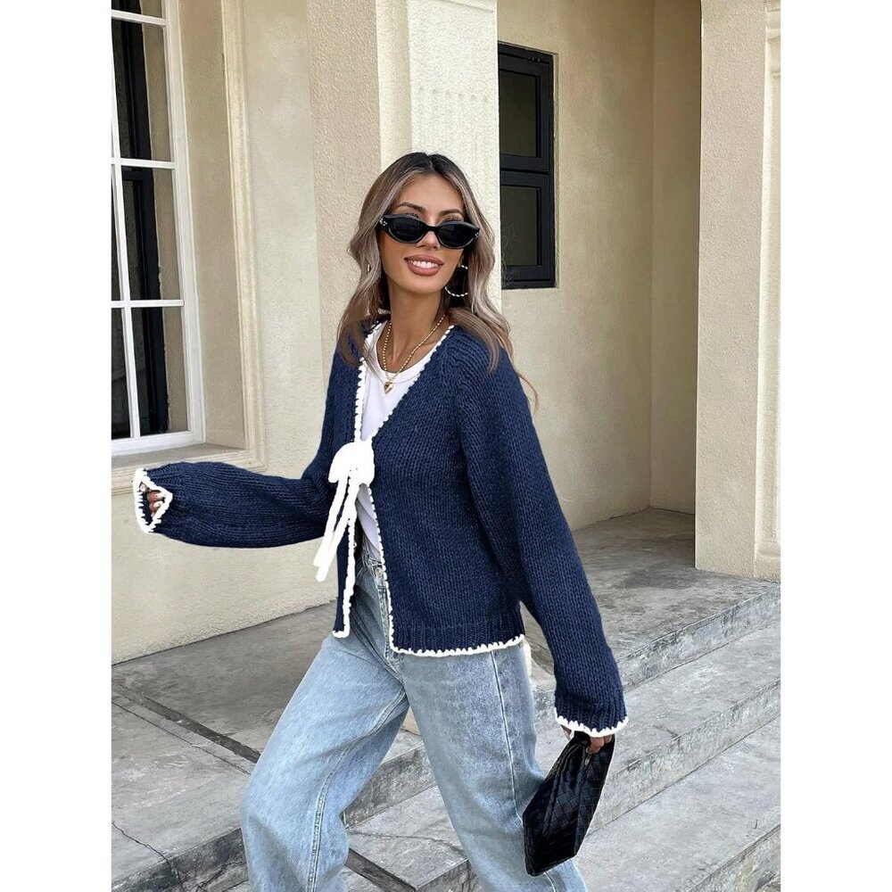 Women's Long Sleeve Knit Cardigan V Neck Tie Front Puff Fall Winter Casual - Picture 6 of 7